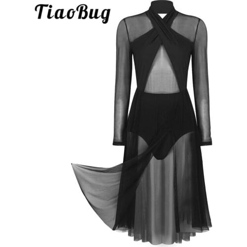 TiaoBug Women Halter Long Sleeve Sheer Mesh Ballet Gymnastics Leotard Skating Dress Adult Contemporary Lyrical Dance Costumes