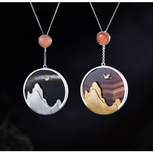 S925 Sterling Silver Female Pendant Setting Sun Regression Crane Moonstone Pendant Real Pure 925 Sterling Silver Pendant