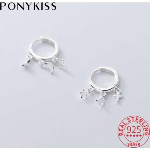 PONYKISS Trendy S925 Sterling Silver Stars and Moon Minimlist Hoop Earrings Women Party Fine Jewelry Accessories chic Gift