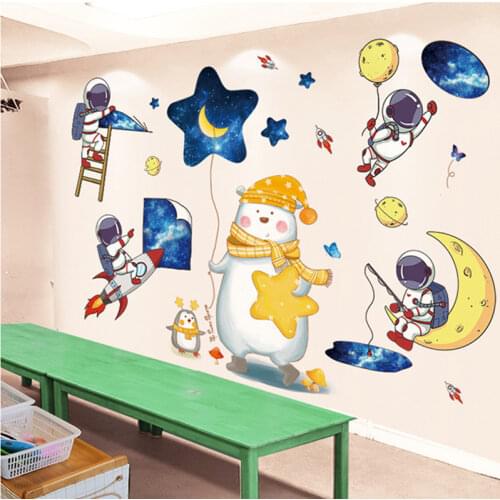 [shijuekongjian] Astronauts Rockets Planets Wall Stickers DIY Stars Bear Wall Decals for Kids Rooms Baby Bedroom Home Decoration