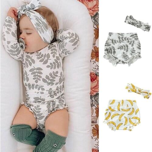 Newborn Shorts with Headwear New Summer Baby Girl Cartoon Banana Pattern Child Casual High Waist Beach Ruffle Bloomer Short Pant