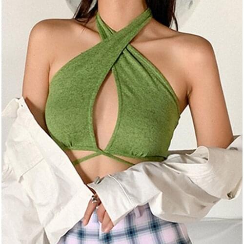 Halter Lace Up V Neck Sleeveless Sexy Slim Solid Crop Top Backless Skinny Fashion Tank Tops Women For Summer