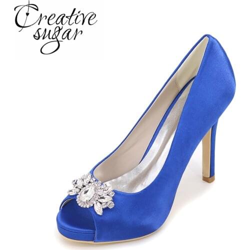 Cretivesugar Open toe platform satin evening dress shoes queen crystal diamonds elegant party wedding pumps slip on red silver