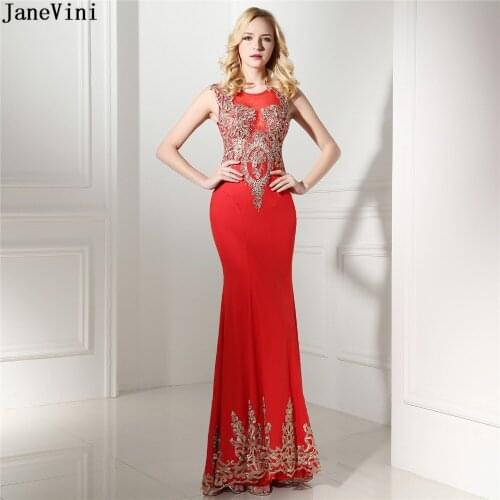 JaneVini Gorgeous Red Mother of the Bride Dresses Gold Embroidery Appliques Beaded Crystal Satin Mermaid Long Evening Gowns