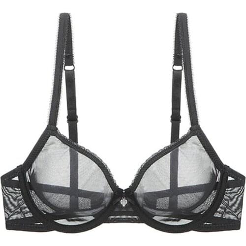 YANDW Hot Black Bra Panties Sale Separated Transparent Mesh See Through Stretch Women Sexy Lingerie Hollow Big Plus Size BH Set