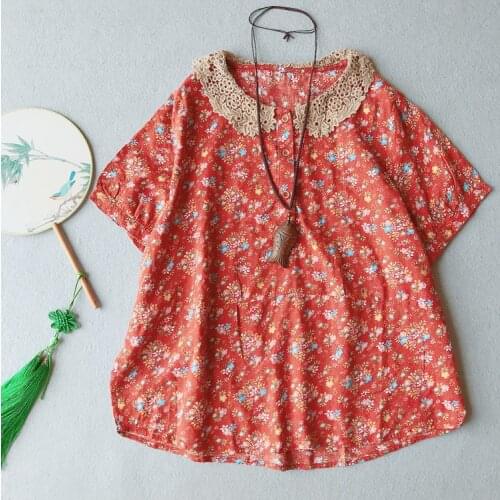 Women T shirt Print Floral 2021 Summer Short-sleeved Lace O neck Pullover Casual Mori Girl Women Tops YoYiKamomo