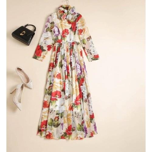 American European womens and wear 2021 summer new style Long sleeve floral print scarf neck fashion Pleated dress