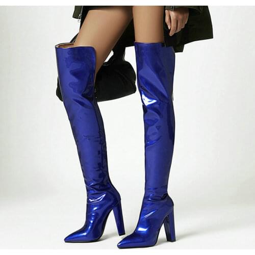 2021 New Fashion Women Boots Patent Leather Zipper Over The Knee Boots Ladies Square High Heel Pointed Toe Thigh Boots Women