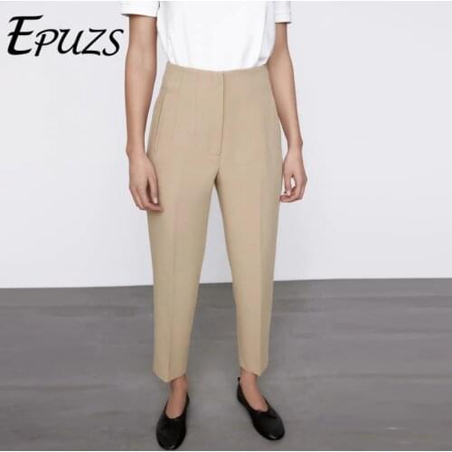 ZA womens pants elegant office high waist pants womne trousers casual pocket work blue Sweatpant Capris 2021
