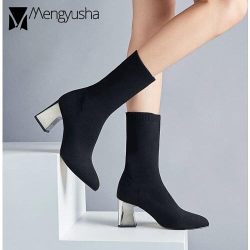 Wool Knitted Sock Botas Mujer Slim Leg Women Short Boots Silver Plated High Heels Stretch Botines Winter Mid-Calf Chelsea Shoes