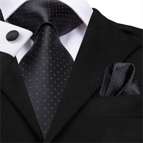 SN-3128 Hi-Tie 100% Silk Tie Set 8.5cm Mens Black Dot Necktie Handkerchief Cufflinks Fashion Classic Party Wedding Tie Set