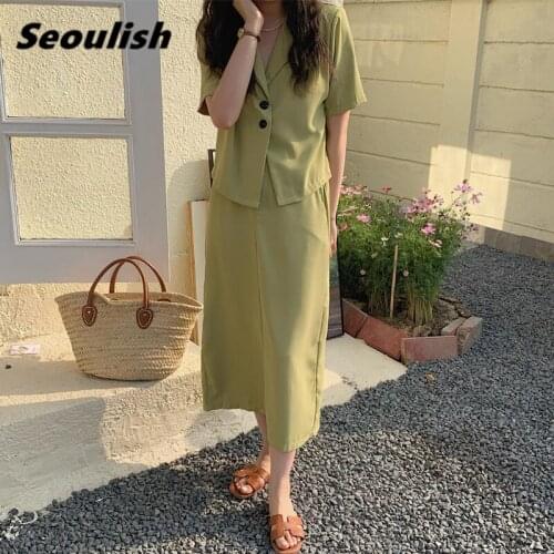 Seoulish 2021 New Summer Chic Women Skirts Suits Single Breasted Blazer Jacket & Straight Long Skirts Female Office Ladies Sets