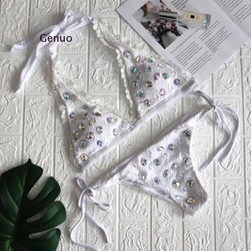 Rhinestone Swimsuit Wome Soild White Crystal Diamond Bikinis Luxury Brazilian Aristocratic Push Up Bathing Suit Thong Swimwear