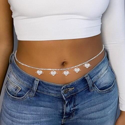 Rhinestone Chain Heart Pendant Belly Waist Chain Body Jewelry for Women Summer Beach Crystal Sexy Bikini Waist Belts Waistband