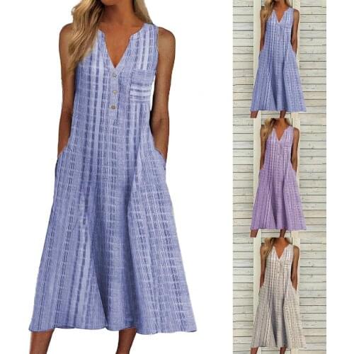 Women Dress Solid Striped V Neck Temperament Sleeveless Office summer dresses Pockets Buttons maxi dresses for women summer 2021