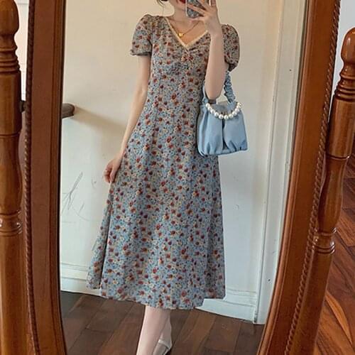 2021 Retro Summer Dress V-neck Dresses for Women Chiffon Floral Dress French Gentle Female Dating Blue Vestido Feminino 15233