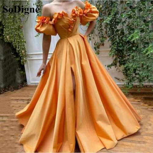 SoDigne Split Prom Dresses 2021 Party Night Gowns With Pocket 3D Flowers Long Evening Gown A-Line Evening Dress Robe De Soiree