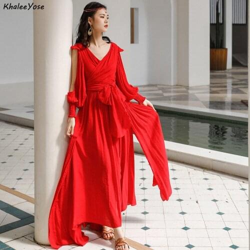 Khalee Yose Red Vintage Maxi Dress Spring Holiday Sexy Women Dresses Hollow Out Backless Long Sleeve V-neck Ladies Split Dress