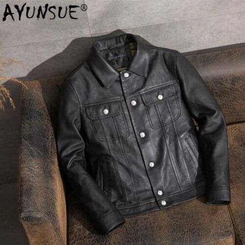 AYUNSUE Casual Mens Leather Jacket Sheepskin Coat Genuine Leather Jacket Men Vintage Motorcycle Veste Cuir Homme 1905 KJ2450