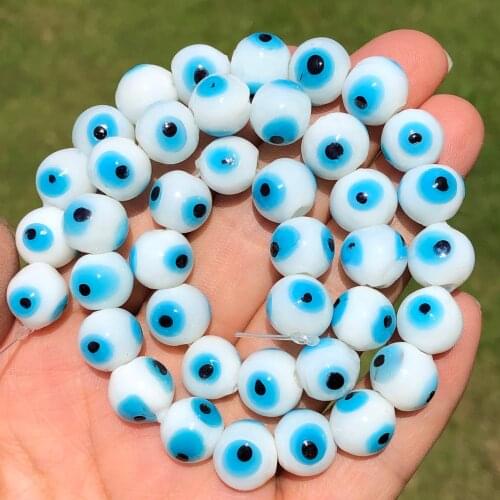 White Murano Lampwork Blue Evil Eye Glazed Glass 4/6/8/10mm Round Beads for Jewelry Making Diy Accessories Bracelet Necklace 15