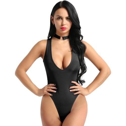 Bodysuit Women Sexy See Through Sheer Deep V Neck Lingerie Bodysuit Necklace Collar Sleeveless High Cut Thong Crothless Leotard