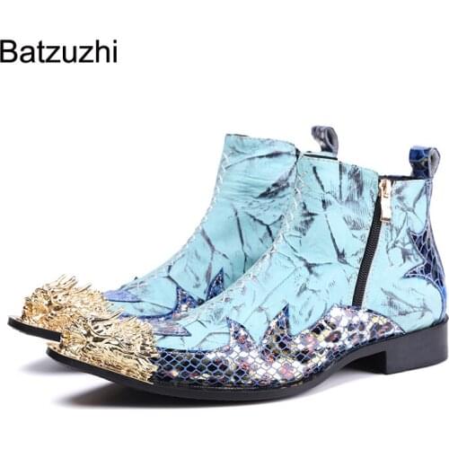 Batzuzhi New Design Mens Boots Personality Golden Iron Toe Blue Genuine Leather Ankle Boots Men Zip Western Cowboy, Party Botas
