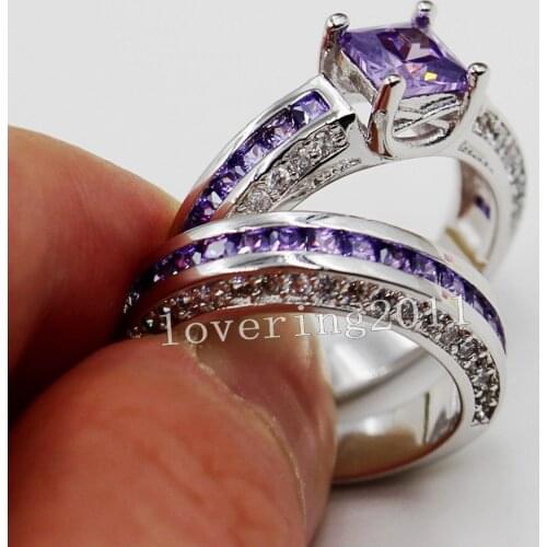 Victoria Wieck Lovers Engagement 6mm Princess CZ Simulated stones 10KT White Gold Filled 2 Wedding band Ring Sets Size 5-10 Gift