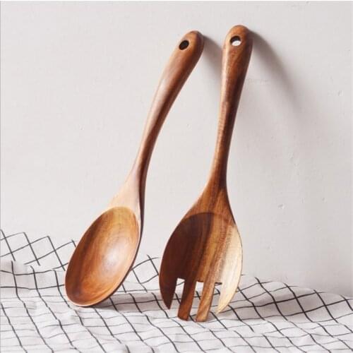 Kitchen Natural Wooden Spoon Fork Large Salad Dinner Serving Spoons Server Wood Fork Spoon Cutlery Set Wooden Utensils Tableware