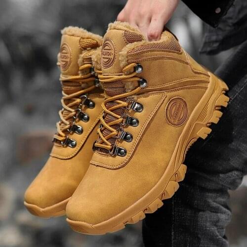 Mens fashion outdoor casual Martin boots, large size non-slip work boots, winter high-top and velvet warm mens leather boots