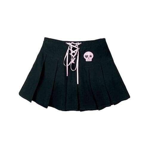 New Gothic Harajuku Rock Skirts Black Skull Print Bandage Splicing Fashion Preppy Style Hot Girl Punk High Waist Mini Skirt Suit