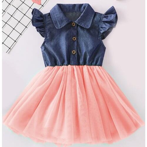 New Flying Sleeve Summer Denim Dress Kids Clothes Girls Dress Casual Denim Stitching Mesh Princess Dress