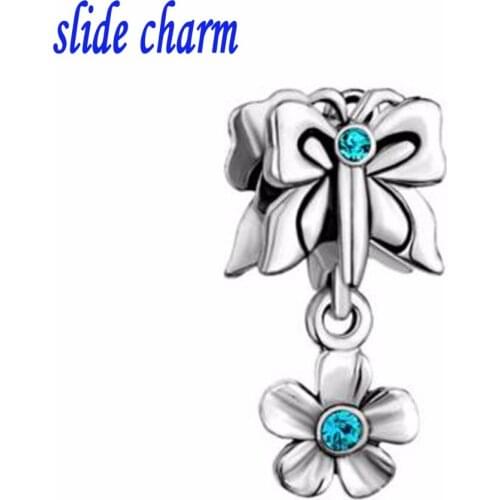 Slide charm Free shipping real flowers butterfly pendant beads fit Pandora bracelets charm bracelets and jewelry accessories