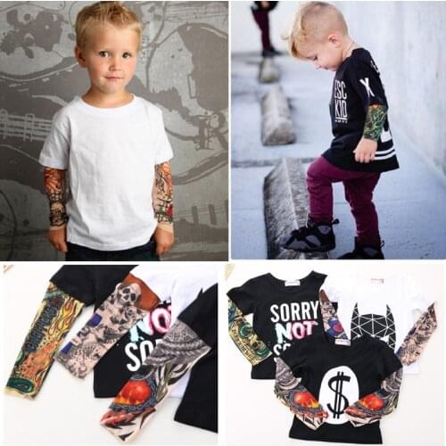 Streetwear Hip-hop Fake Tattoo Sleeve Baby Boy T-Shirts Fashion Girls Clothes Novelty Children Clothing Shirts Tops 100% Cotton