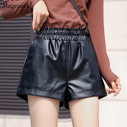 Korean New PU Leather Shorts Women Loose Wide Leg Biker Shorts Women High Waist Autumn Winter Black Leather Shorts Mujer 11583