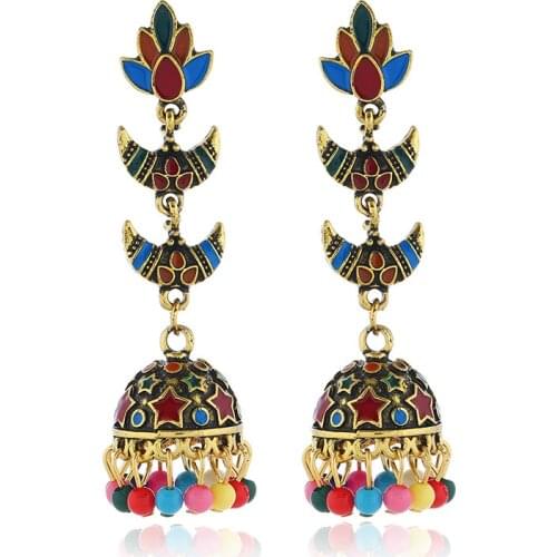 Bollywood Oxidized Jewellery Ethnic Golden Afghan Long Tassel Bead Drop Flower Jhumka Indian Earring Women Egypt Wedding Jewelry