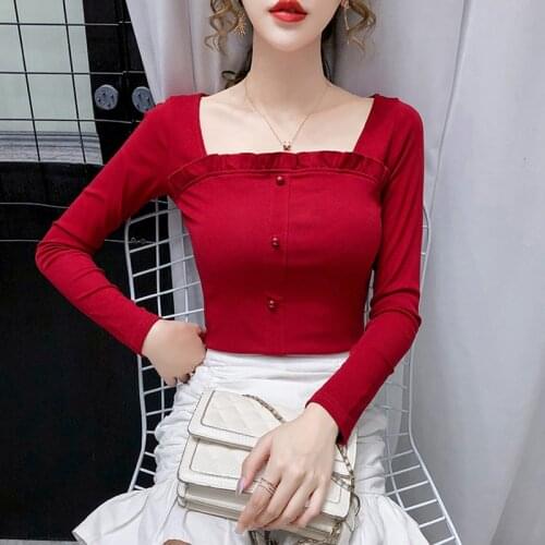 Spring Autumn New Womens T-shirt Slim Crop Top Cotton Tshirt Female Fashion Square Collar Basic Women-clothing Long Sleeve Tees