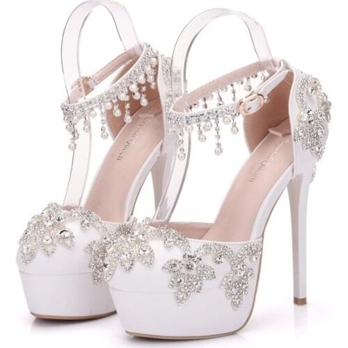 Women sandals wedding Party PU Rhinestones Buckle Strap 14CM Thin High heels Round Toe waterproof women sandals size 35-42