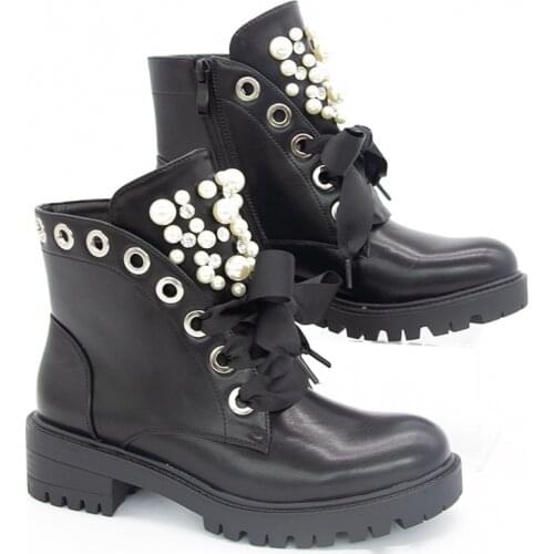 Women Shoes Lace Up Ankle Boots Platform Cheseal Boots Shoes Fashion Modern Boots Pearl Combat Boot Chunky Heel Size42 Round Toe