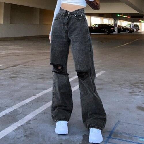 Jeans Women Holes Gray Chic Harajuku Casual Womens Wide Leg Hip-hop Mopping Vintage Autumn High Street