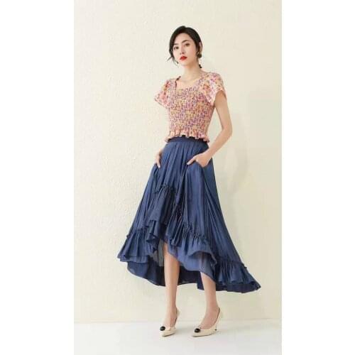 Top Quality Womens Set 2021 Summer Skirt Suit Ladies Sweet Floral Print Tops Blouse+Pocket Patchwork Sexy Asymmetrical Skirts