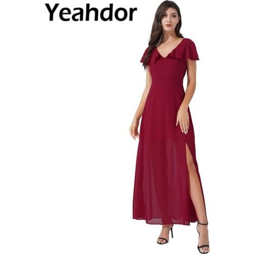 Summer Womens Long Dress V Neck Sexy Backless Chiffon Evening Dresses Wedding Party Bridesmaid Evening Gown Elegant Women Dress