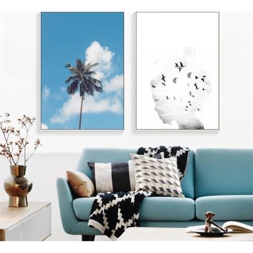 Abstract Natural Scenery Sea Blue Bird Feather Coconut Tree Landscape Canvas Painting Wall Picture Poster Living Room Decoration