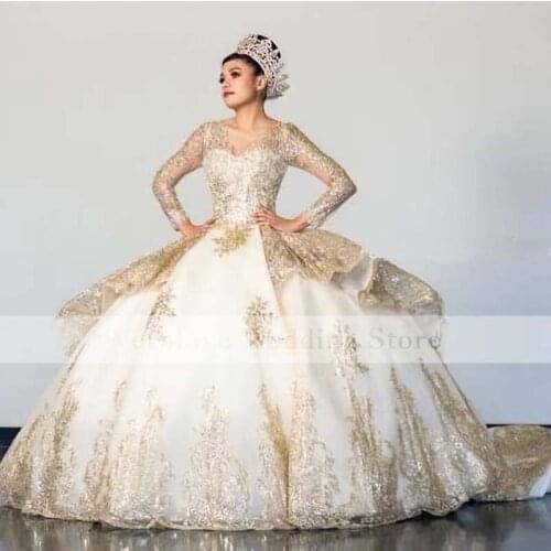 Champagne Quinceanera Dresses Ball Gown Scoop Long Sleeves Appliques Lace Sequins Girl Sweet 16 Party Dresses