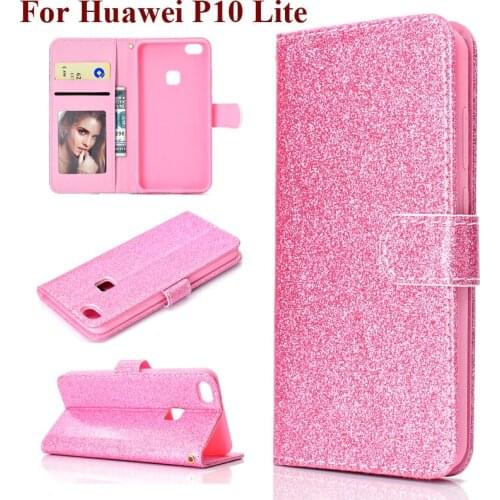 Wallet Cover for Huawei P10 Lite P10Lite With Window Photo Holder Hand String Stand Case HuaweiP10Lite Glitter Pouch capa Founda