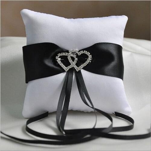 Black Double Crystal Hearts Bow Wedding Ceremony Ring Holder Pillow Cushion Wedding Decoration Mariage Party Supplies