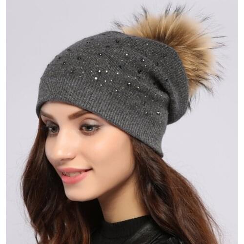 Geebro Brand Womens Rhinestone Beanie Hats with Real Fur Pompom Lady Soft Warm Knitted Hat Raccoon Beanies Skullies Bonnet Caps