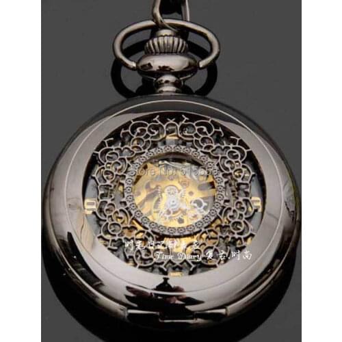 Hot Selling Free shipping Retro Mechanical Pocket Watch Cool Black Carved Hollow Mechanical Watch Gift For Fathers Day