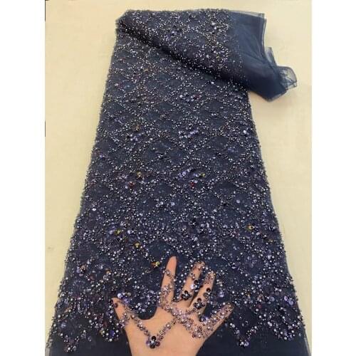 Hot Sale Nigerian Lace Fabric Handmand Beaded Tulle Lace Fabric High Quality African French Net Lace Fabric for Sewing