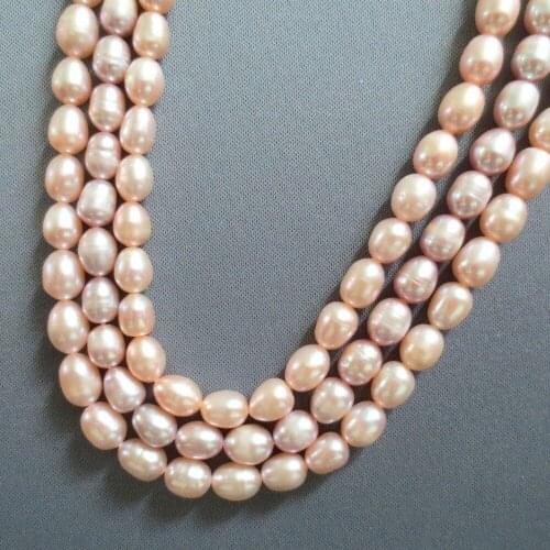 Huij 3row Lustrous 9-11mm Peach Pink Rice Freshwater Pearl Beads necklace 17-19