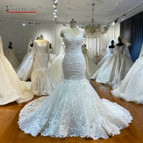 Lace Mermaid sleeveless Wedding Dresses with long train